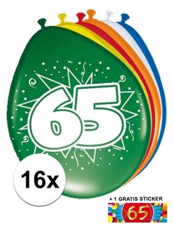 Shoppartners Feest ballonnen met 65 jaar print 16x + sticker - Ballonnen Multikleur