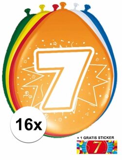 Shoppartners Feest ballonnen met 7 jaar print 16x + sticker - Ballonnen Multikleur