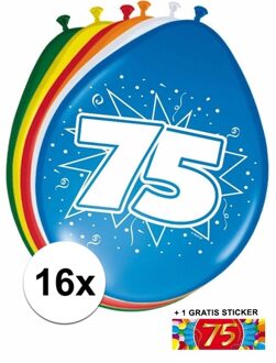 Shoppartners Feest ballonnen met 75 jaar print 16x + sticker - Ballonnen Multikleur