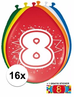 Shoppartners Feest ballonnen met 8 jaar print 16x + sticker - Ballonnen Multikleur