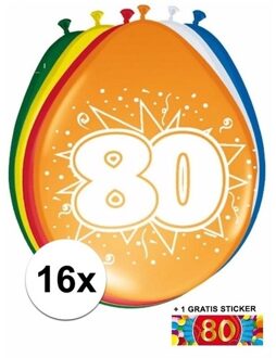 Shoppartners Feest ballonnen met 80 jaar print 16x + sticker - Ballonnen Multikleur