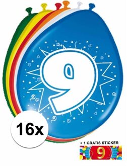 Shoppartners Feest ballonnen met 9 jaar print 16x + sticker - Ballonnen Multikleur