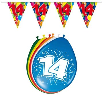 Shoppartners Feestversiering pakket - 14 jaar - vlaggenlijn en ballonnen - 14e verjaardag feestartikelen Multi