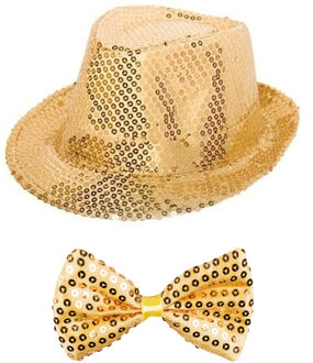 Shoppartners Folat party carnaval set - gouden verkleed hoedje - en vlinderstrikje - goud - glitter and glamour