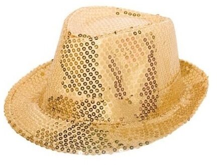 Shoppartners Folat Trilby hoedje - 12x - goud glitters - volwassenen - gleufhoedje - feesthoed - goud thema