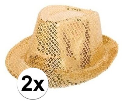 Shoppartners Folat Trilby hoedje - 2x - goud glitters - volwassenen - gleufhoedje - feesthoed - goud thema
