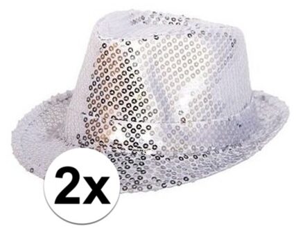 Shoppartners Folat Trilby Hoedje zilver - 2x - glitter - volwassenen - gleufhoedje - feesthoedje - pailletten