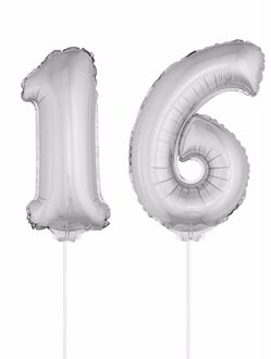 Shoppartners Folie ballonnen cijfer 16 zilver 41 cm - Ballonnen Zilverkleurig