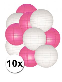 Shoppartners Fuchsia en wit lampionnen pakket 10x - Feestlampionnen Multikleur