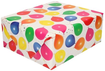 Shoppartners Gemetaliseerd inpakpapier/cadeaupapier wit met zilveren sterren en gekleurde ballonnen 150 cm