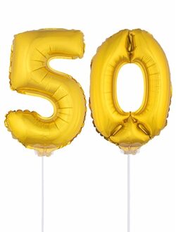 Shoppartners Gouden opblaas cijfer 50 - op stokjes van 41 cm - leeftijd versiering - verjaardag Goudkleurig