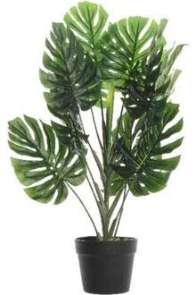 Shoppartners Groene Monstera gatenplant kunstplanten 80 cm met zwarte pot - Kunstplanten