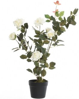 Shoppartners Groene/witte Rosa/rozenstruik kunstplant 80 cm in zwarte pot