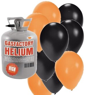 Shoppartners Helium tank met oranje en zwarte ballonnen 50 stuks