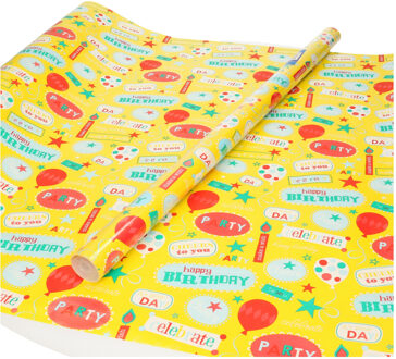 Shoppartners Inpakpapier/cadeaupapier geel Happy Birthday 200 x 70 cm