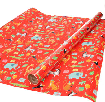 Shoppartners Inpakpapier/cadeaupapier kinderverjaardag - 2x - feestdieren print - 200 x 70 cm - Cadeaupapier