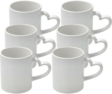 Shoppartners Koffiemok met handvat in hartvorm - 6x - wit - keramiek - 300 ml