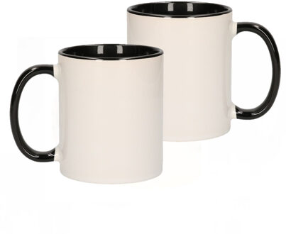 Shoppartners Koffiemok / thee beker - 12x stuks - 300 ml - Wit/zwart - Cadeau mokken - keramiek