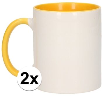 Shoppartners Koffiemok / thee beker - 2x - 300 ml - Wit/geel - Cadeau mokken - keramiek