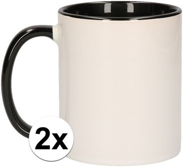 Shoppartners Koffiemok / thee beker - 2x - 300 ml - Wit/zwart - Cadeau mokken - keramiek