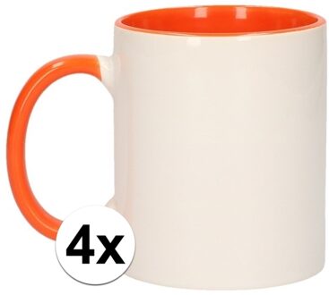 Shoppartners Koffiemok / thee beker - 4x - 300 ml - Wit/oranje - Cadeau mokken - keramiek