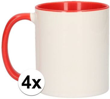 Shoppartners Koffiemok / thee beker - 4x - 300 ml - Wit/rood - Cadeau mokken - keramiek