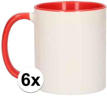 Shoppartners Koffiemok / thee beker - 6x - 300 ml - Wit/rood - Cadeau mokken - keramiek