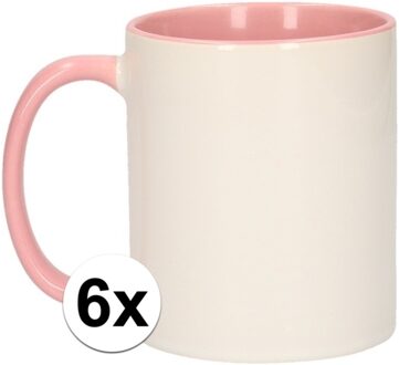 Shoppartners Koffiemok / thee beker - 6x - 300 ml - Wit/roze - Cadeau mokken - keramiek