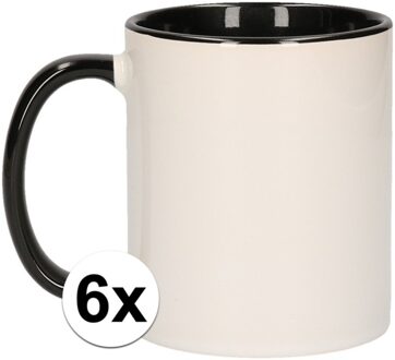 Shoppartners Koffiemok / thee beker - 6x - 300 ml - Wit/zwart - Cadeau mokken - keramiek