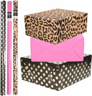 Shoppartners Kraft inpakpapier rollen - 6x stuks - panter - knalroze - zwart - 200 x 70 cm
