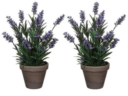 Shoppartners Kunstplant Lavendula/lavendel - 2x - groen/paars - D22 x H33 cm - kamerplant - kunstbloemen