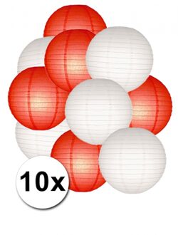 Shoppartners Lampionnen pakket - rood en wit - 10x stuks - Dia 25 cm - papier - versiering Multi