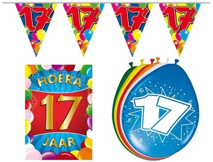Shoppartners Leeftijd feestversiering pakket - 17 jaar - verjaardag - ballonnen - poster - vlaggenlijn Multi