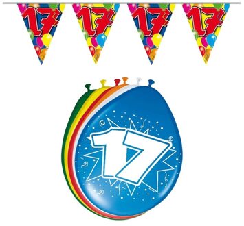 Shoppartners Leeftijd feestversiering pakket - 17 jaar - verjaardag - ballonnen - vlaggenlijn