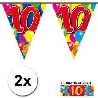 Shoppartners Leeftijd versiering - 2x vlaggenlijnen 10 jaar - met gratis sticker - feestartikelen - verjaardag