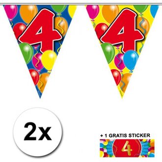 Shoppartners Leeftijd versiering - 2x vlaggenlijnen 4 jaar - met gratis sticker - feestartikelen - verjaardag Multi