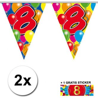 Shoppartners Leeftijd versiering - 2x vlaggenlijnen 8 jaar - met gratis sticker - feestartikelen - verjaardag