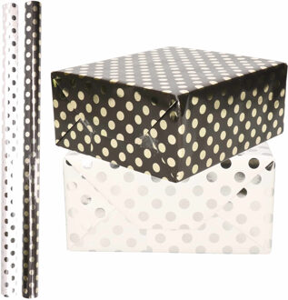 Shoppartners Luxe folie inpakpapier - 4x rollen - zilveren / gouden stippen pakket - wit/zwart - 200 x 70 cm