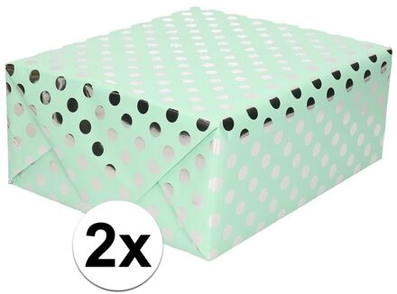 Shoppartners Luxe folie inpakpapier/cadeaupapier - 2x - mintgroen/zilveren stip - 200 x 70 cm