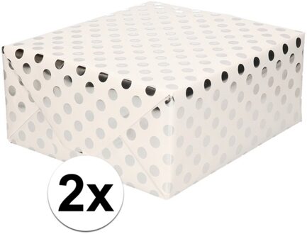 Shoppartners Luxe folie inpakpapier/cadeaupapier - 2x - wit/zilveren stip - 200 x 70 cm