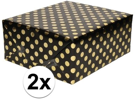 Shoppartners Luxe folie inpakpapier/cadeaupapier - 2x - zwart/gouden stip - 200 x 70 cm