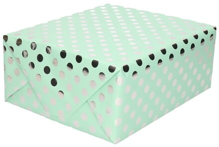 Shoppartners Luxe folie inpakpapier/cadeaupapier - Set van 4x stuks - mintgroen/zilveren stip - 200 x 70 cm
