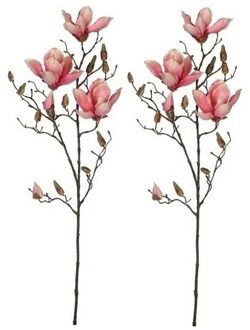 Shoppartners Mica Decorations Kunstbloem - 2x - magnolia beverboom - roze - 80 cm - kunsttak