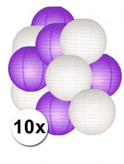 Shoppartners Paars en wit lampionnen pakket 10x - Feestlampionnen Multikleur