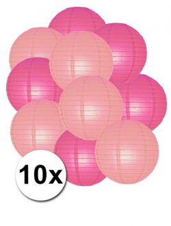 Shoppartners Party Lampionnen pakket - fuchsia roze en lichtroze - 10x stuks - Dia 25 cm - Versiering - Buiten/bi