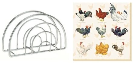 Shoppartners Pasen tafel servetten setje - Servetten 20x stuks met kippen opdruk - en rvs servettenhouder Multi