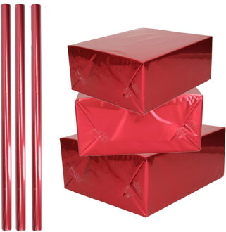 Shoppartners Rol inpakpapier / cadeaufolie - 3x - metallic rood - 200 x 70 cm - cadeaupapier