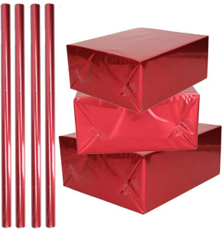 Shoppartners Rol inpakpapier / cadeaufolie - 4x - metallic rood - 200 x 70 cm - cadeaupapier