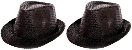 Shoppartners Set van 2 zwarte trilby glitter party hoedjes met pailletten - Glitter thema verkleed feest accessoire