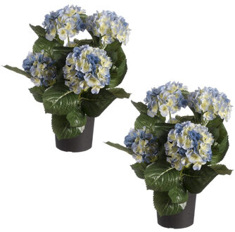 Shoppartners Set van 2x stuks blauwe hortensia kunstplanten in zwarte kunststof pot 44 cm - Hydrangea - Woondecoratie Groen